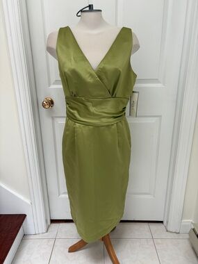 NWT Eliza J Olive Green V-Neck Satin Midi Dress